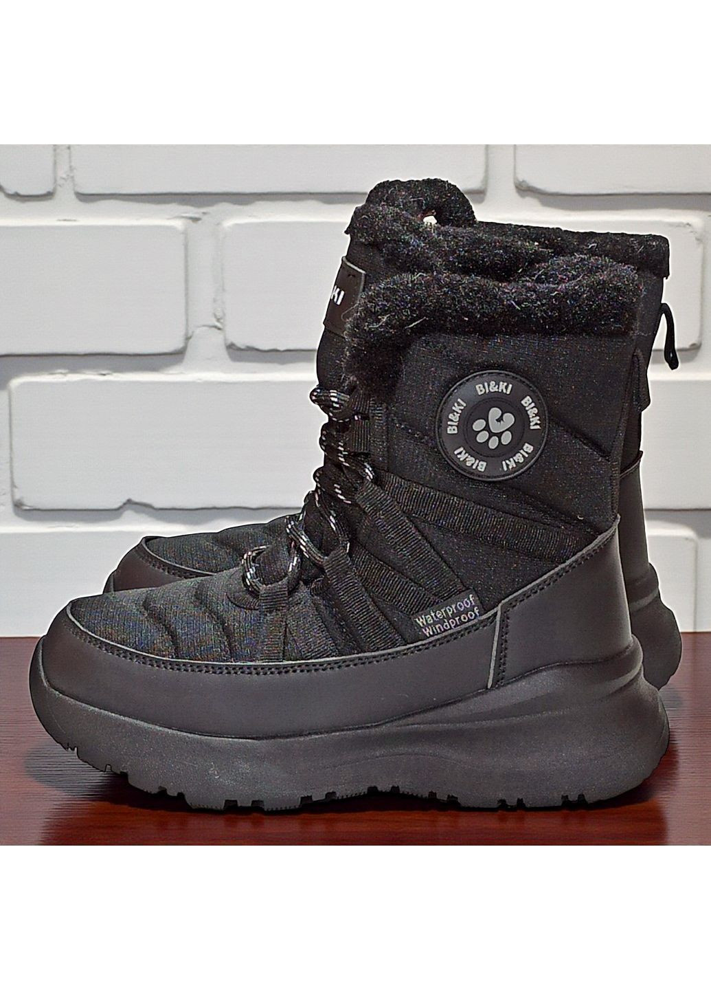 Черные зимние подростковые ботинки для девочки,зимние ботинки для девочки подростка,зимние хайтопы для девочки,дутики для подростка Biki со шнурками