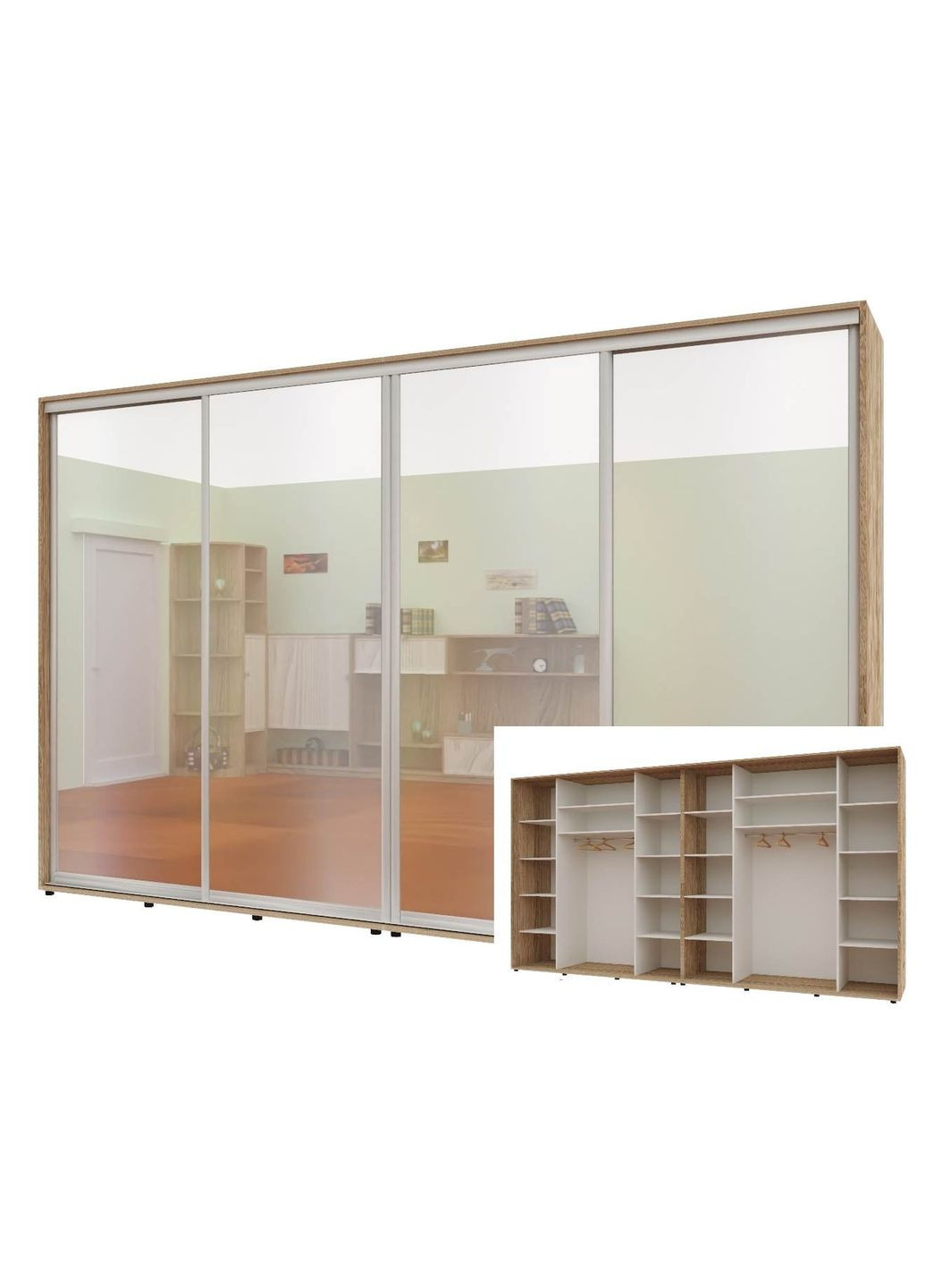 Шкаф-купе четырехдверный Комфорт Мебель 360*60*240 см Натуральный 4 двери Зеркало Макси Комфорт Меблі (360477556)