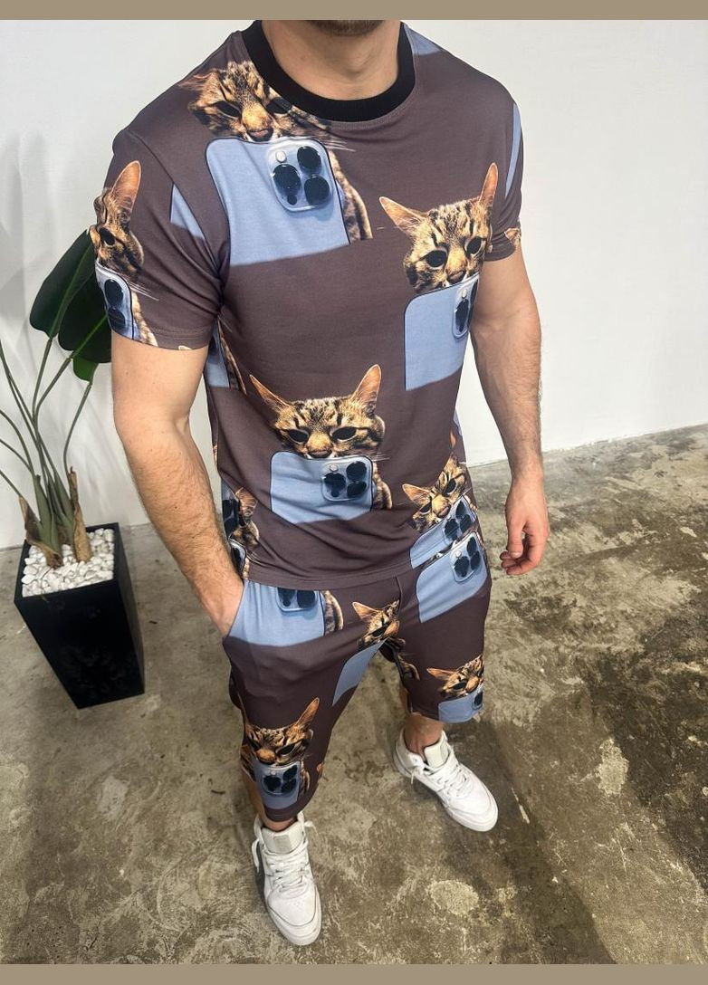 Коричневый мужской легкий летний спортивный костюм-двойка с модным дизайном кошек. No Brand (371177328)