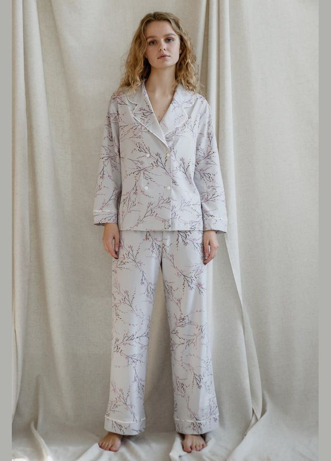 Фиолетовая всесезон пижама soft-шелк с цветами рубашка + брюки Silence 027 Lavender