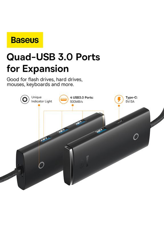 USB-хаб Type-C HUB Adapter (Type-C to USB 3.0*4) 25cm Black (WKQX030301) Baseus Lite Series 4-Port (369159754)