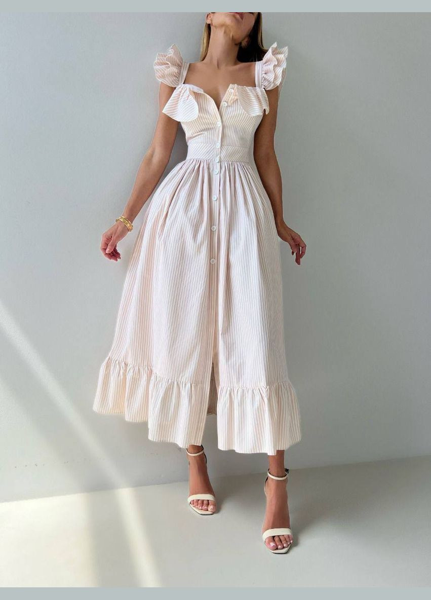 Бежевое повседневный летнее платье меди в полоску на пуговицах MonCher в полоску