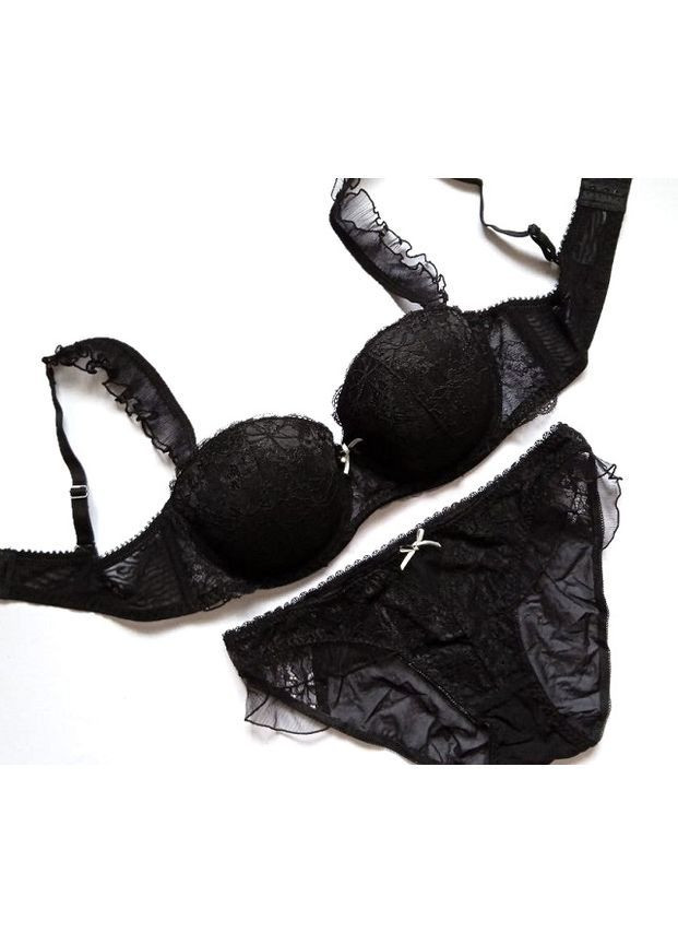 Черный комплект женского нижнего белья: бюстгальтер анжелика и трусики, тонкий поролон Cencka Flower Анжеліка