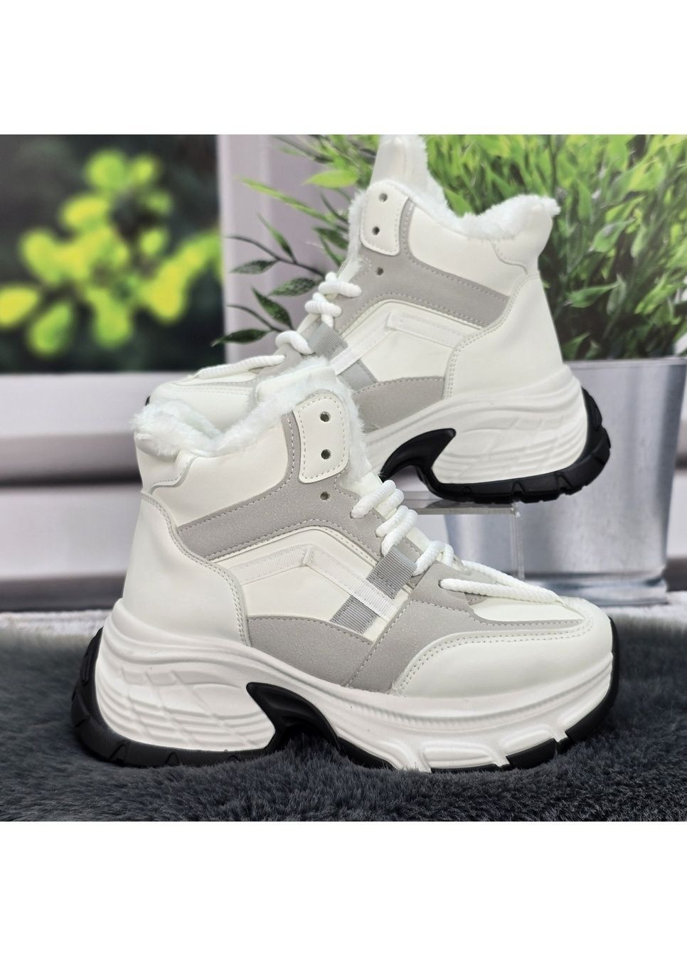 Черевики жіночі зимові білі з сірим еко-шкіра на платформі з хутром YiYi (369481293)