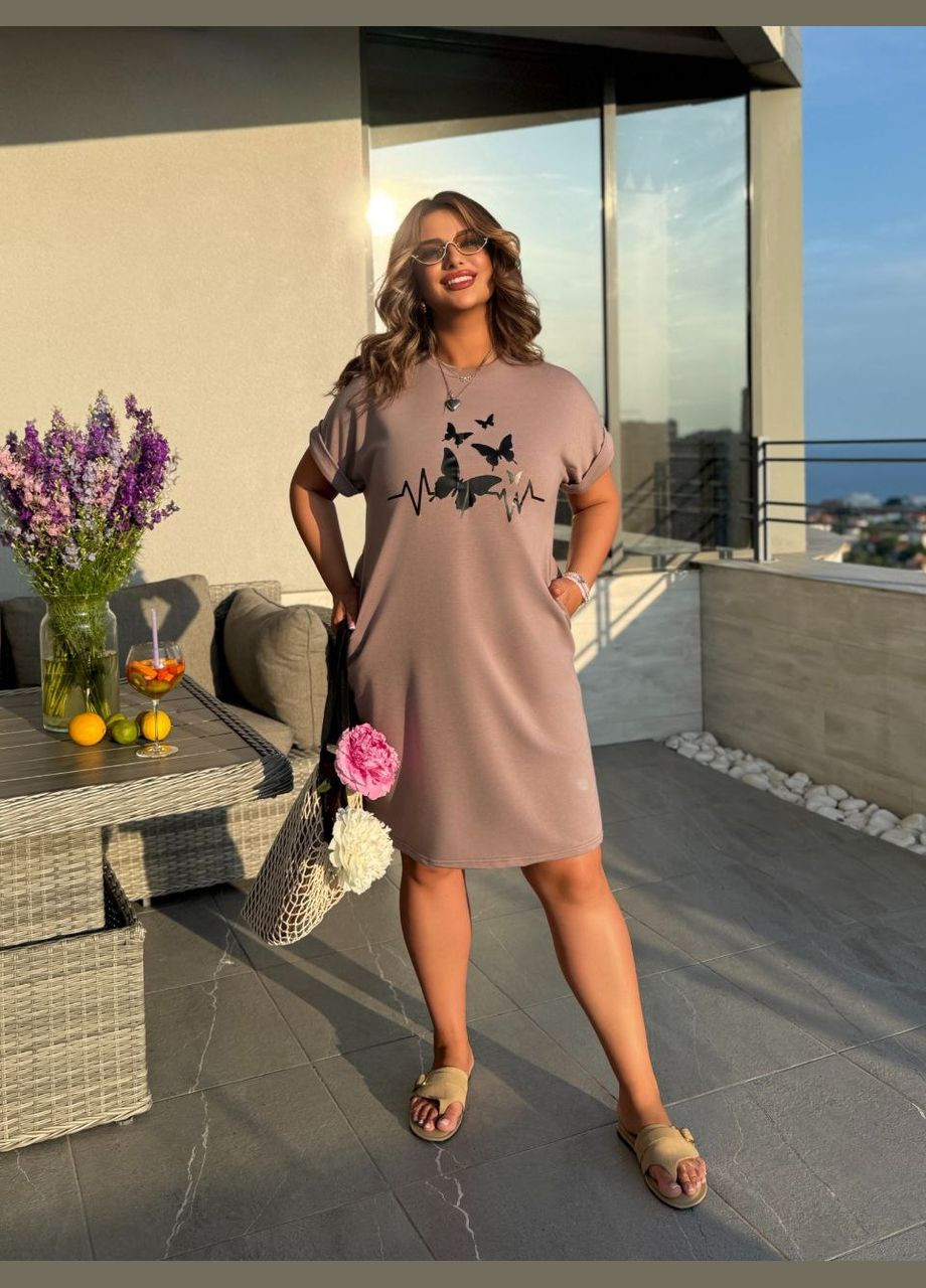 Пудрова жіноча літня сукня з малюнком пудрового кольору 33494 сукня-футболка Fashion з квітковим принтом
