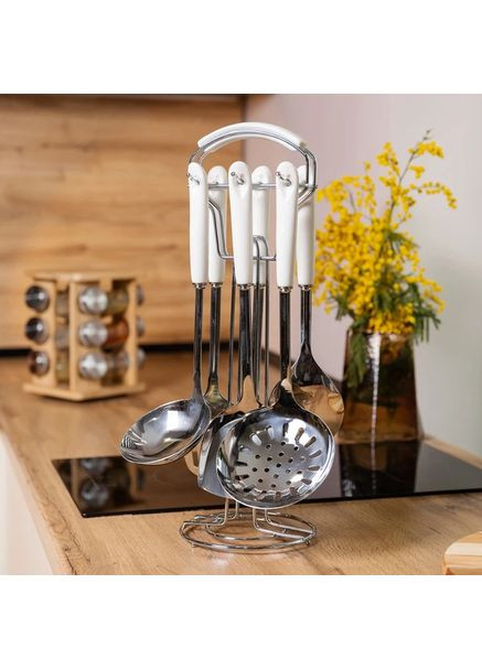 Набор кухонных принадлежностей на подставке 7 предметов керамическая ручка кухонные аксессуары Белый с серебристым No Brand (371373163)