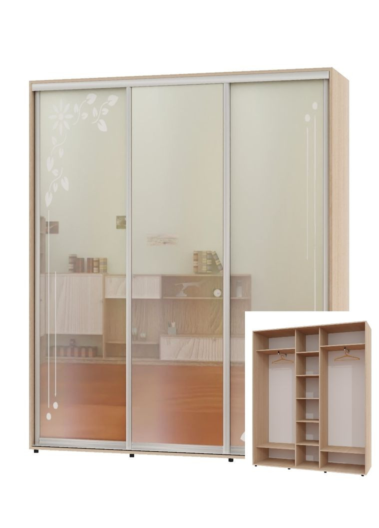 Шкаф-купе трехдверный 200*45*240 Дуб молочный 2 Зеркала с пескоструйным рисунком/Зеркало ШК-04 Алекса (360465420)
