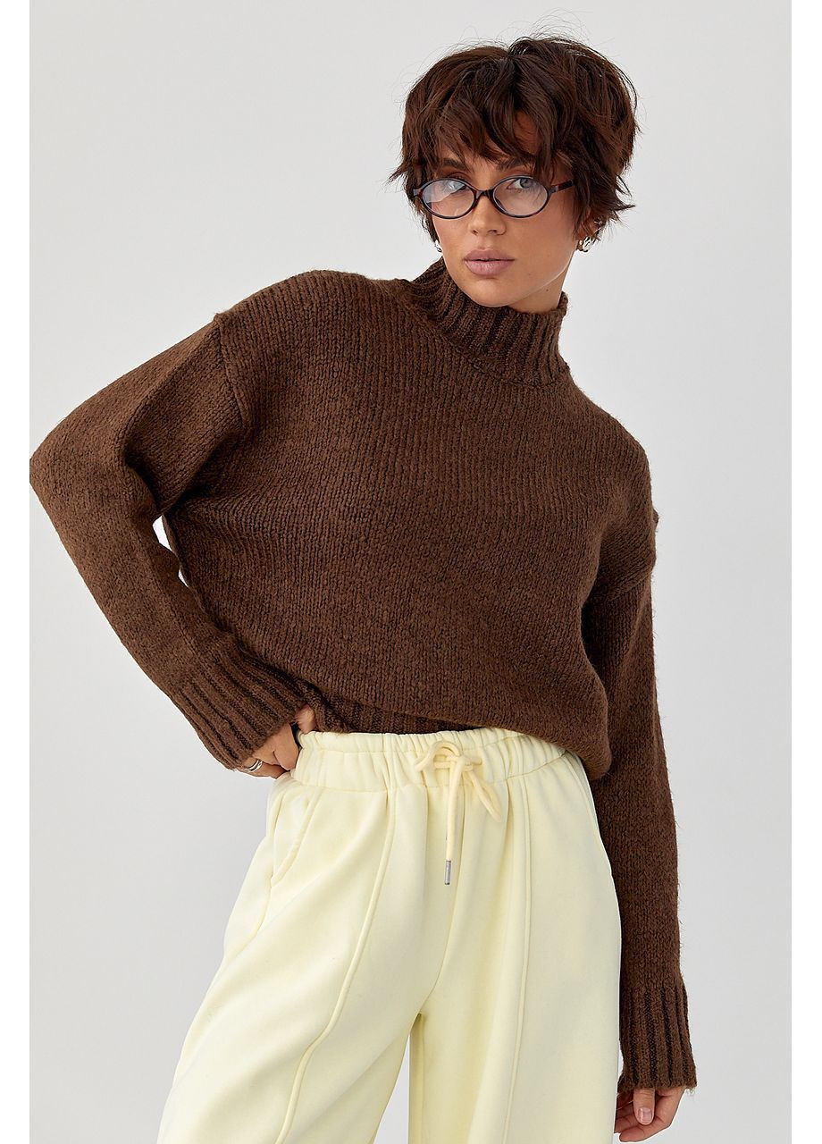 Коричневый зимний однотонный вязаный свитер свободного фасона - черный цвет Lurex