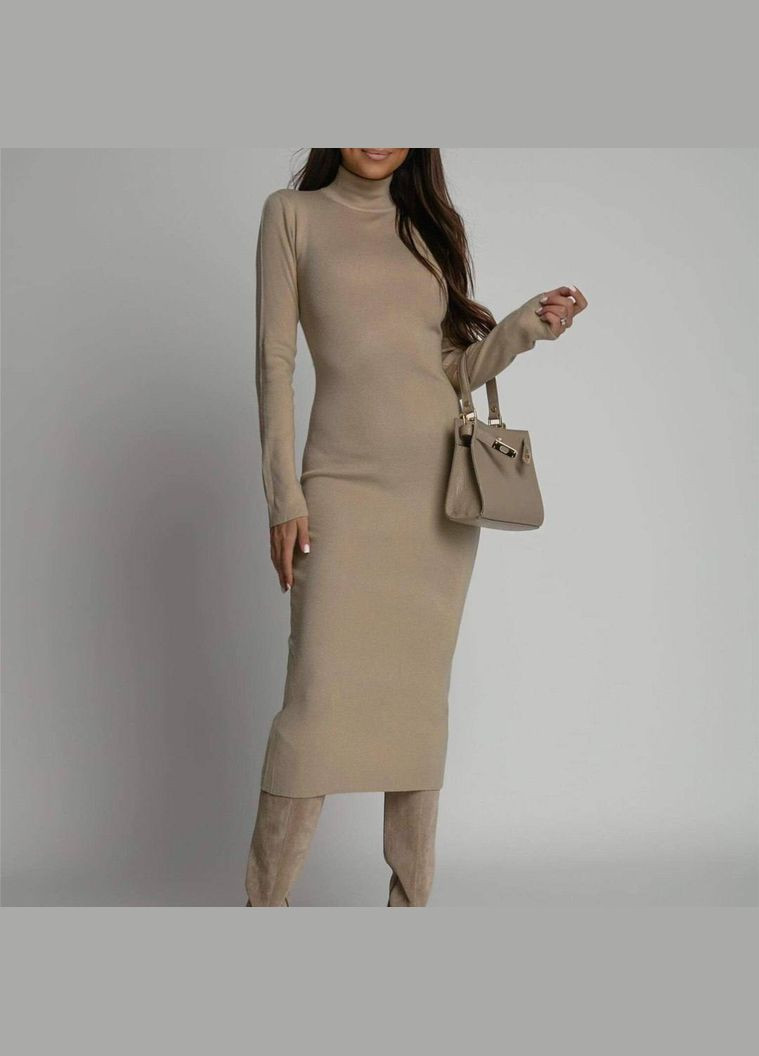 Темно-бежевое деловое, повседневный, кэжуал, джинсовое, вечернее платье женское No Brand однотонное