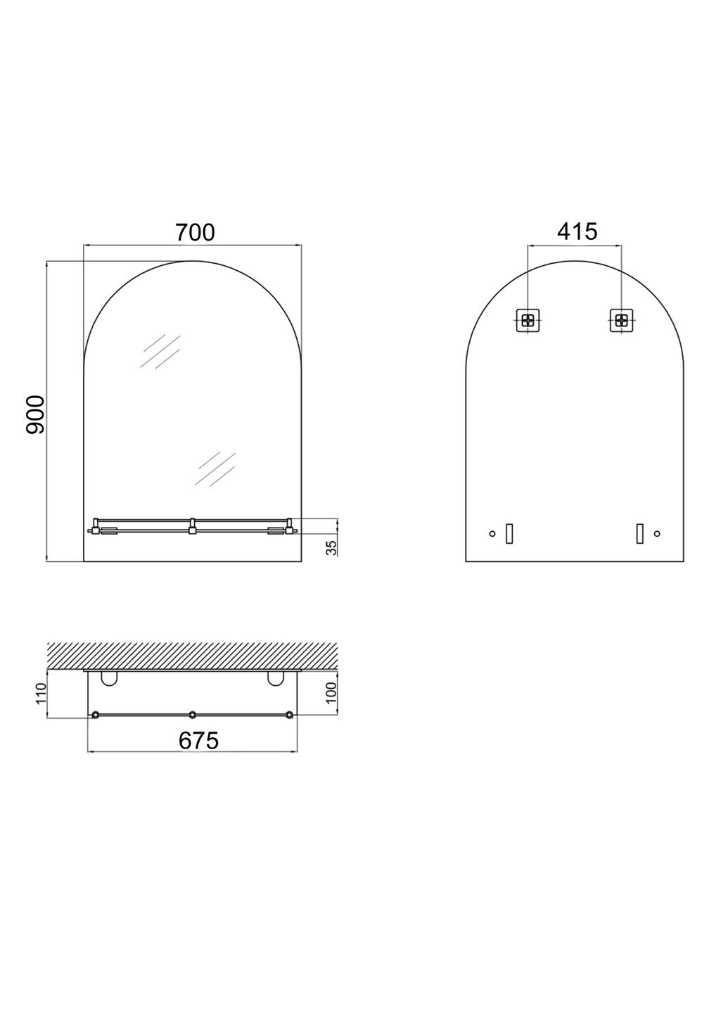 Дзеркало Tani 140. (1) 700х900х110 настінне з поличкою прямокутне з дугоподібним верхом LD78TA7090 LIDZ 07.03 (346492418)