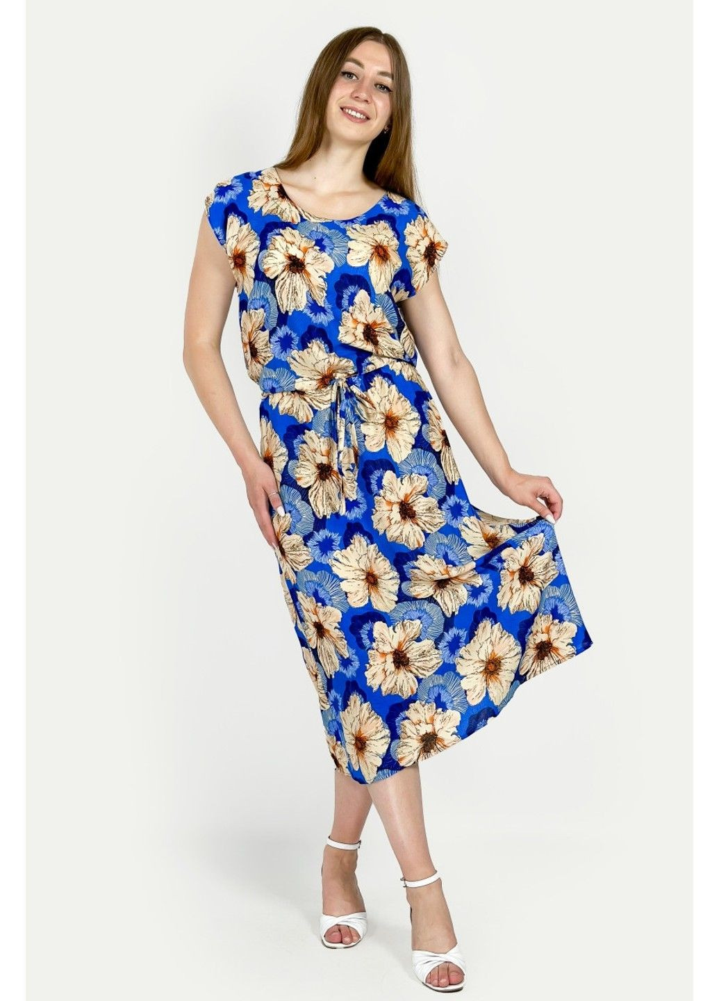 Синее повседневный платье c31/1-5 а-силуэт Bon Voyage с цветочным принтом