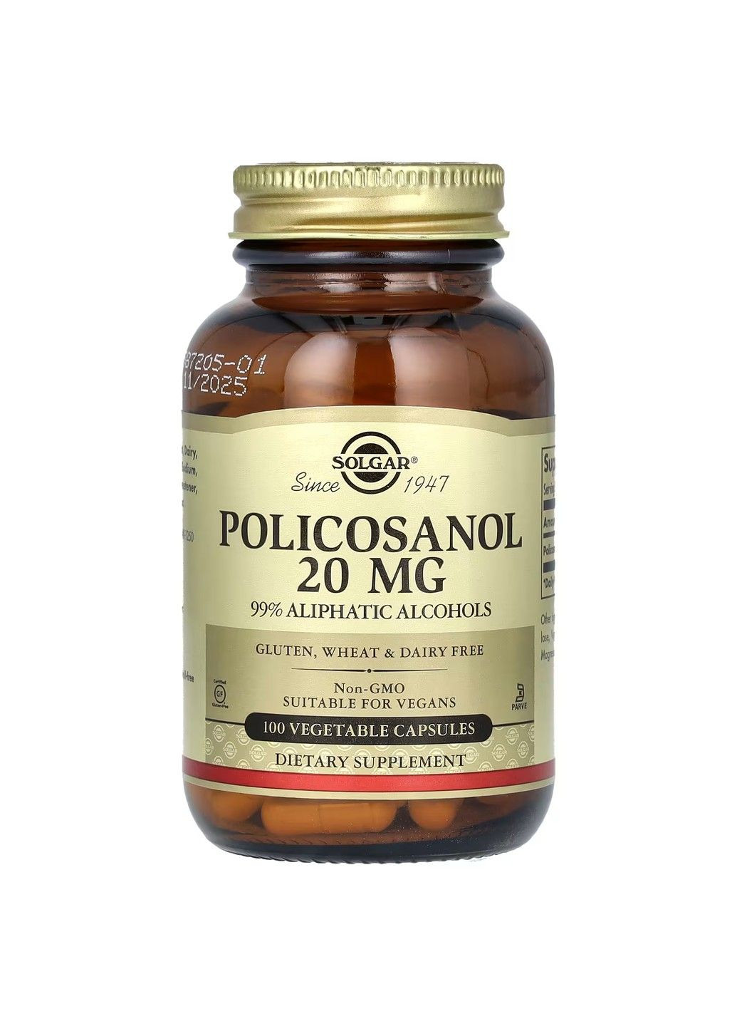 Поликозанол Policosanol 20мг - 100 вег.капсул Solgar (282826839)
