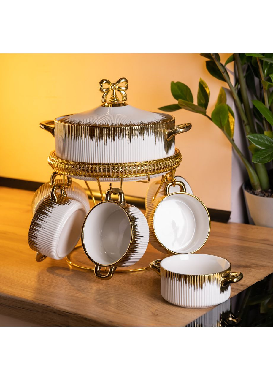 Суповий сервіз на 6 персон супниця 2 (л) на підставці з бульйонницями 400 (мл) тарілки для супу Білий із золотом FM-A23-2 Yiwu (369743552)