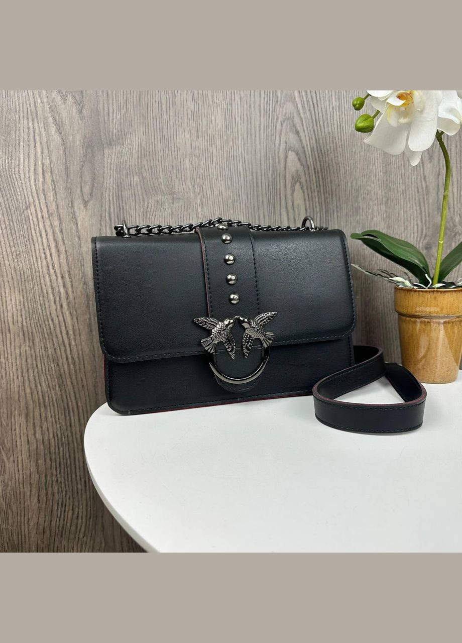 Жіноча сумочка-клатч-стило Pinko чорна з червоними вставками, маленька сумка Пінко з пташками No Brand (334729519)