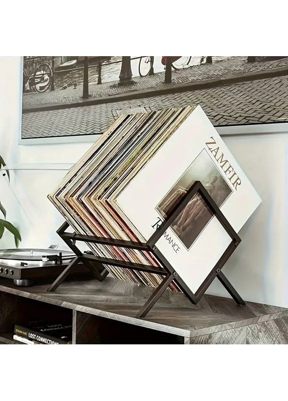 Стеллаж подставка для хранения виниловых пластинок и книг емкость 85 пластинок Black No Brand (366304222)