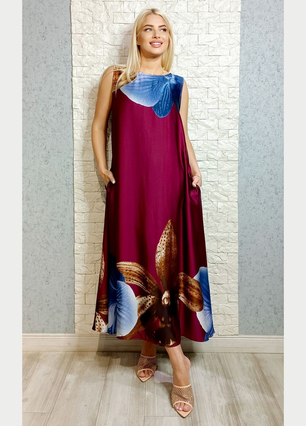 Бордовое повседневный, кэжуал платье а-силуэт LUX LUNA с цветочным принтом