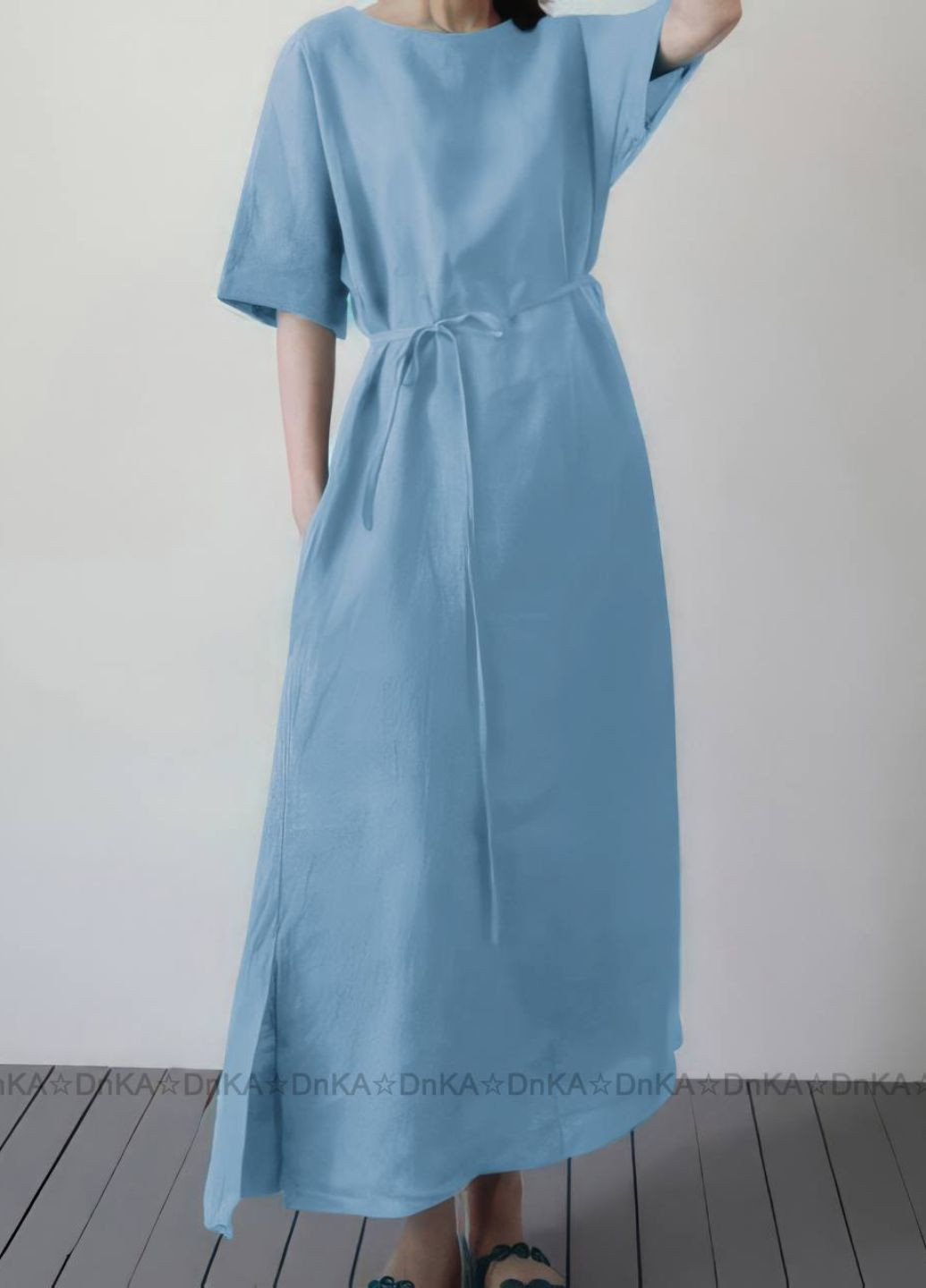 Голубое повседневный повседневное летнее платье из льна No Brand однотонное