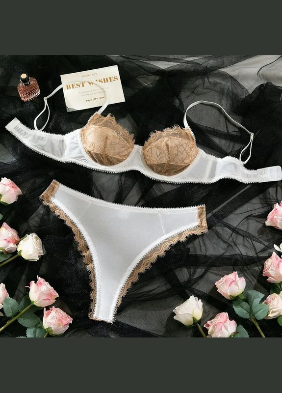 Молочний демісезонний мереживний комплект білизни: бюстгальтер на кісточці без поролону + трусики-танга No Brand Бюст+трусики