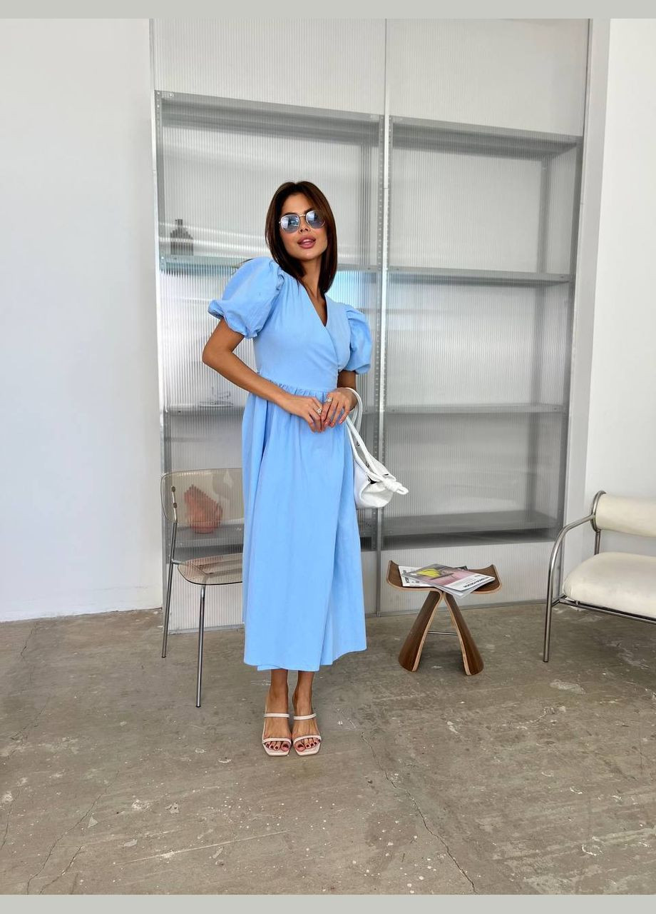 Голубое деловое, повседневный, кэжуал, вечернее женское платье на запах FINO Mode