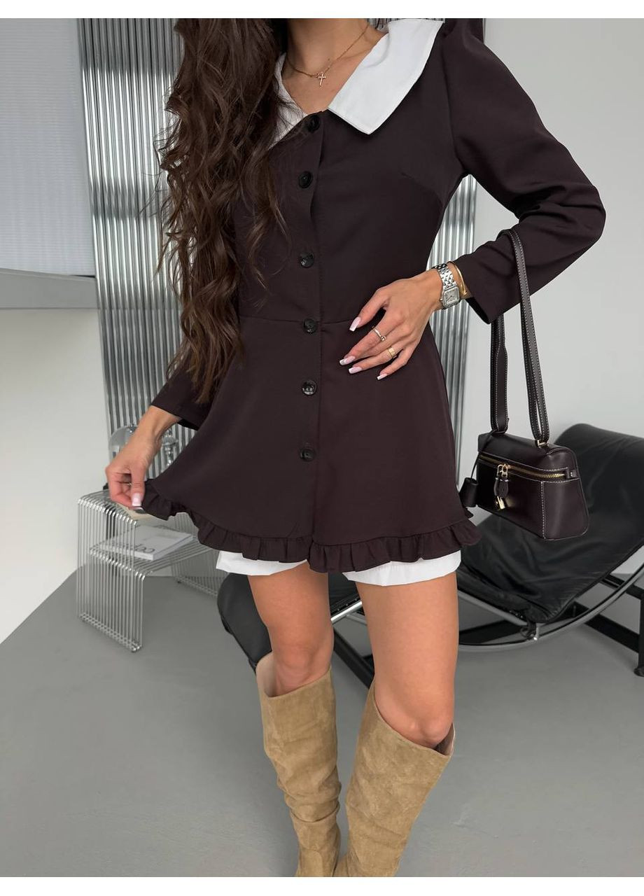 Темно-коричнева сукня 462 сукня+шорти турецька костюмка та котон,з коміром,на ґудзиках,низ рюши Україна