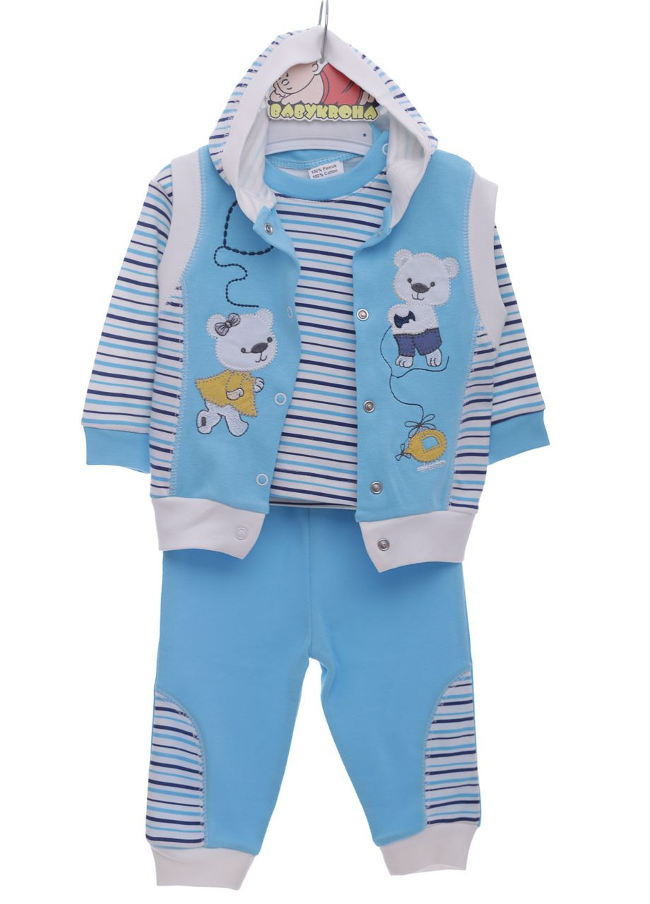 Блакитний демісезонний костюм трійка з довгим рукавом для хлопчика трикотажний ведмедик блакитний 74 см (36844) BABYKROHA
