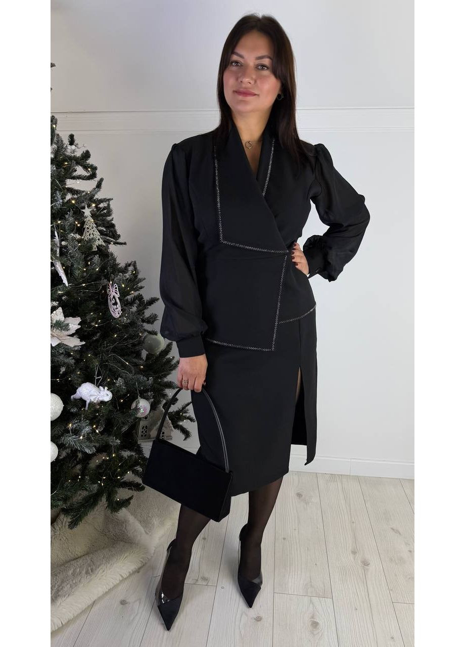 Чорна святковий плаття з креп-костюмки та шифону з термокамінням — заміри в описі силуетна DK/DL Мода без кордонів однотонна