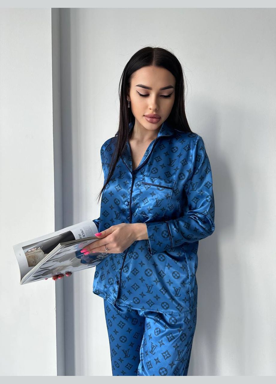 Синяя всесезон женская пижама lv рубашка + брюки Vital-Textile 1042
