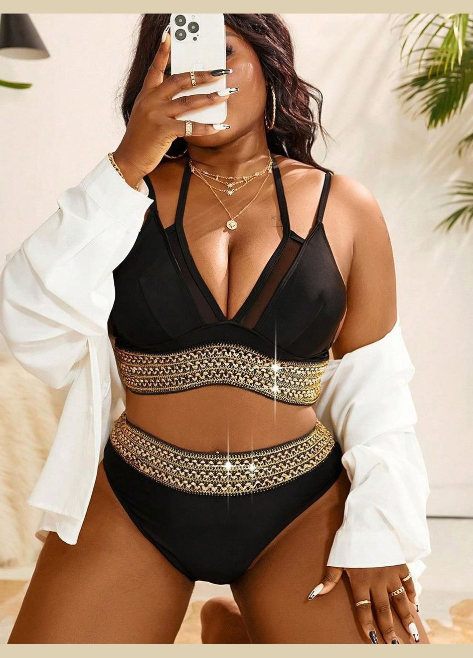 Чорний літній купальник жіночий роздільний чорний із золотим оздобленням великий розмір роздільний No Brand 5141