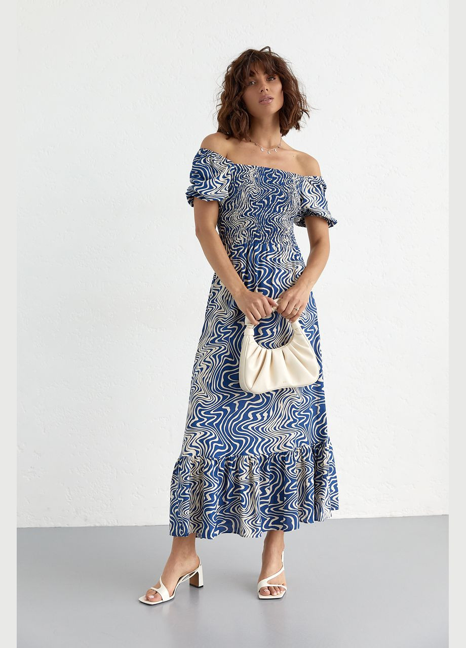 Синее пляжное летнее платье макси с эластичным верхом 5554-1 Lurex с абстрактным узором