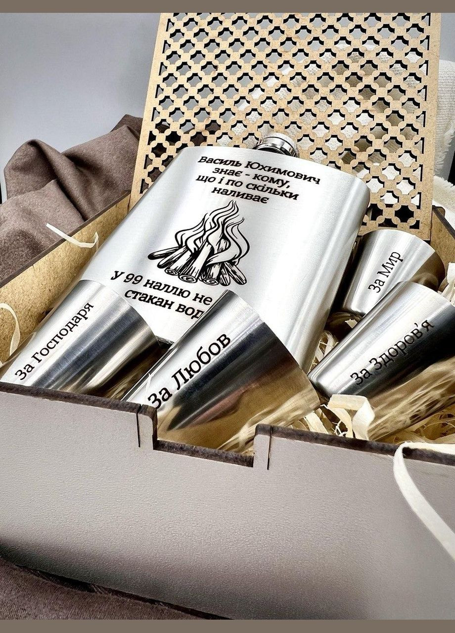 Набір фляга 200 мл+4 стакан+лійка без коробки з лазерним гравіюванням Konik (338379427)