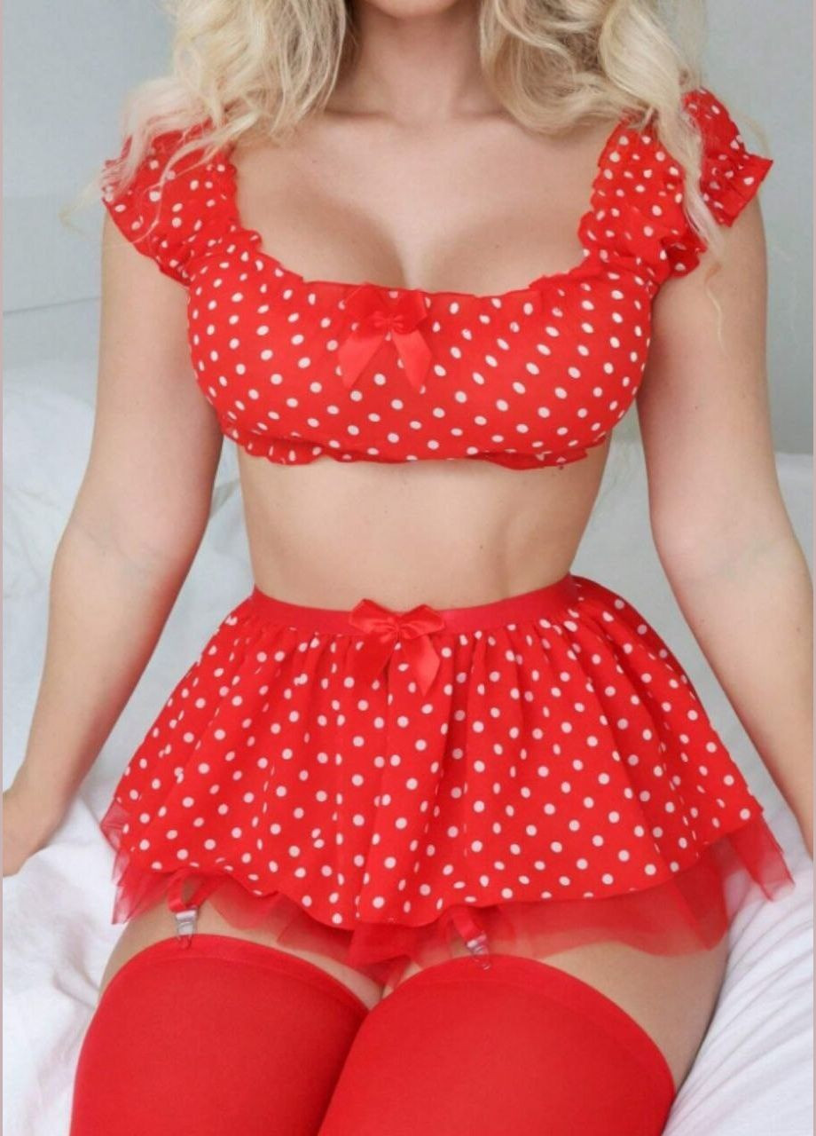 Красный демисезонный женский комплект белья в мелкий горошек соблазнительное нижнее белье с подтяжками к чулкам Cindylove