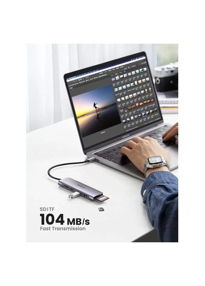 Концентратор (70410) Ugreen USB-C to 3xUSB 3.0 + HDMI + SD/TF CM195 gray (366647409)