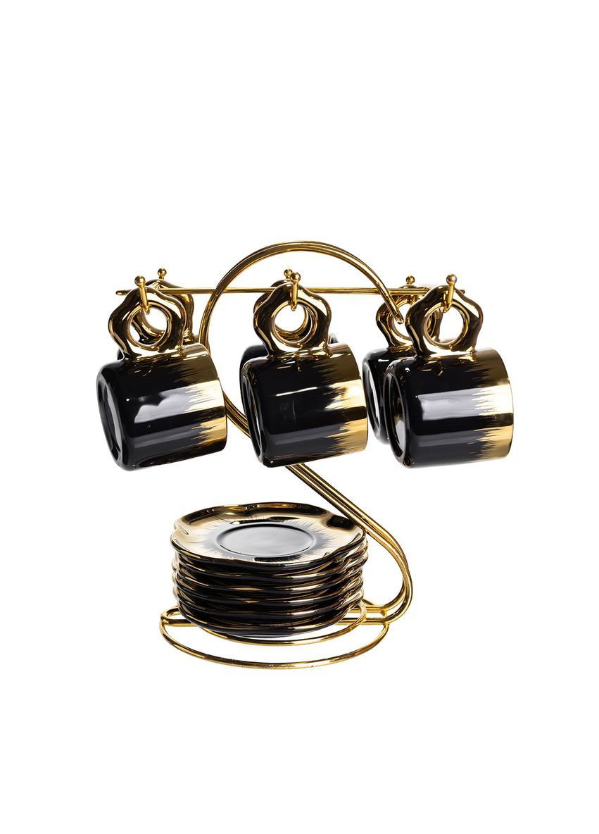 Чайный сервиз из фарфора 12 предметов на 6 персон на металлической подставке, черный Yiwu FM-47 No Brand (368641485)