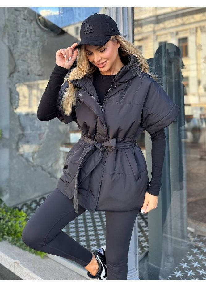 Жилет с капюшоном и поясом на молнии и кнопках No Brand (357075897)