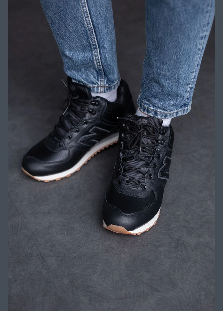 Черные зимние кроссовки зимние мужские new balance 574 winter high leather black white fur | нью беланс 574 высокие черные белые с мехом No Brand