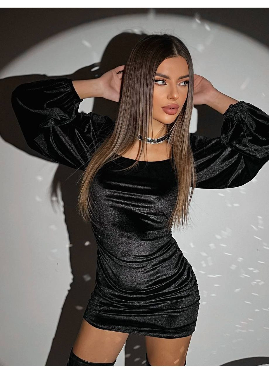 Черное платье 457 бархат вечернее, с объемными рукавами Україна