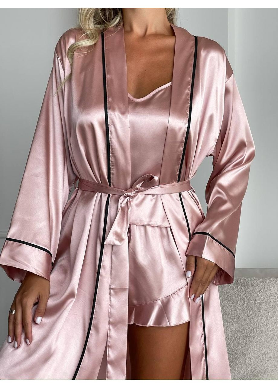 Рожева жіноча піжама з шовку армані рожевого кольору з халатом / комплект жіночий шовковий: топ, шорти та халат No Brand