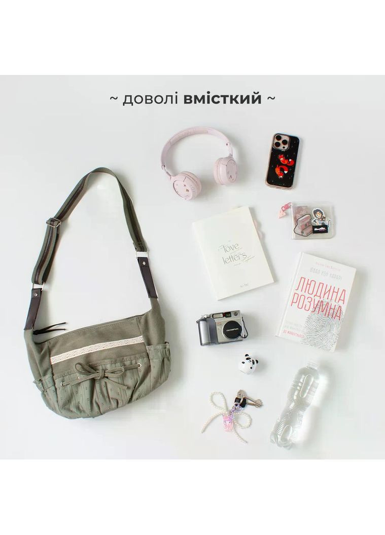 Сумка крос-боді FairyCore на блискавку місткий месенджер лоліта азійський ретро стиль оливкова з мереживом й шнурівкою аніме y2k No Brand (369153901)