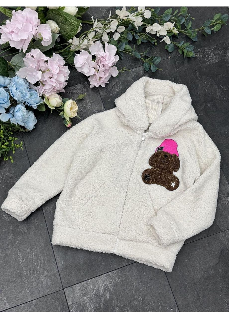 Детское теплое худи с капюшоном на замочке с плюшевой аппликацией, белое Kodi (358202126)