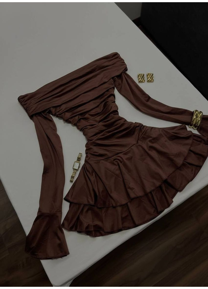 Коричневое праздничный платье с эффектом wow из плотного трикотажа — замеры в описании силуэтная GD/GL Модний простір однотонное