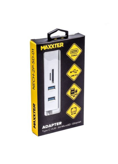 Адаптер, Grey, USB Type-С (M)-2*USB 3.0 (F)/RJ-45(F) Gigabit Ethernet 1000 Mbps, microSD/TF card reader, метал (NECH-2P-SD-01) Maxxter (315142737)