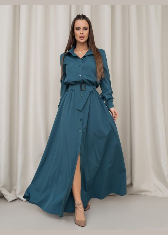 Бірюзова повсякденний бірюзова сукня-сорочка з довгими рукавами ISSA PLUS однотонна