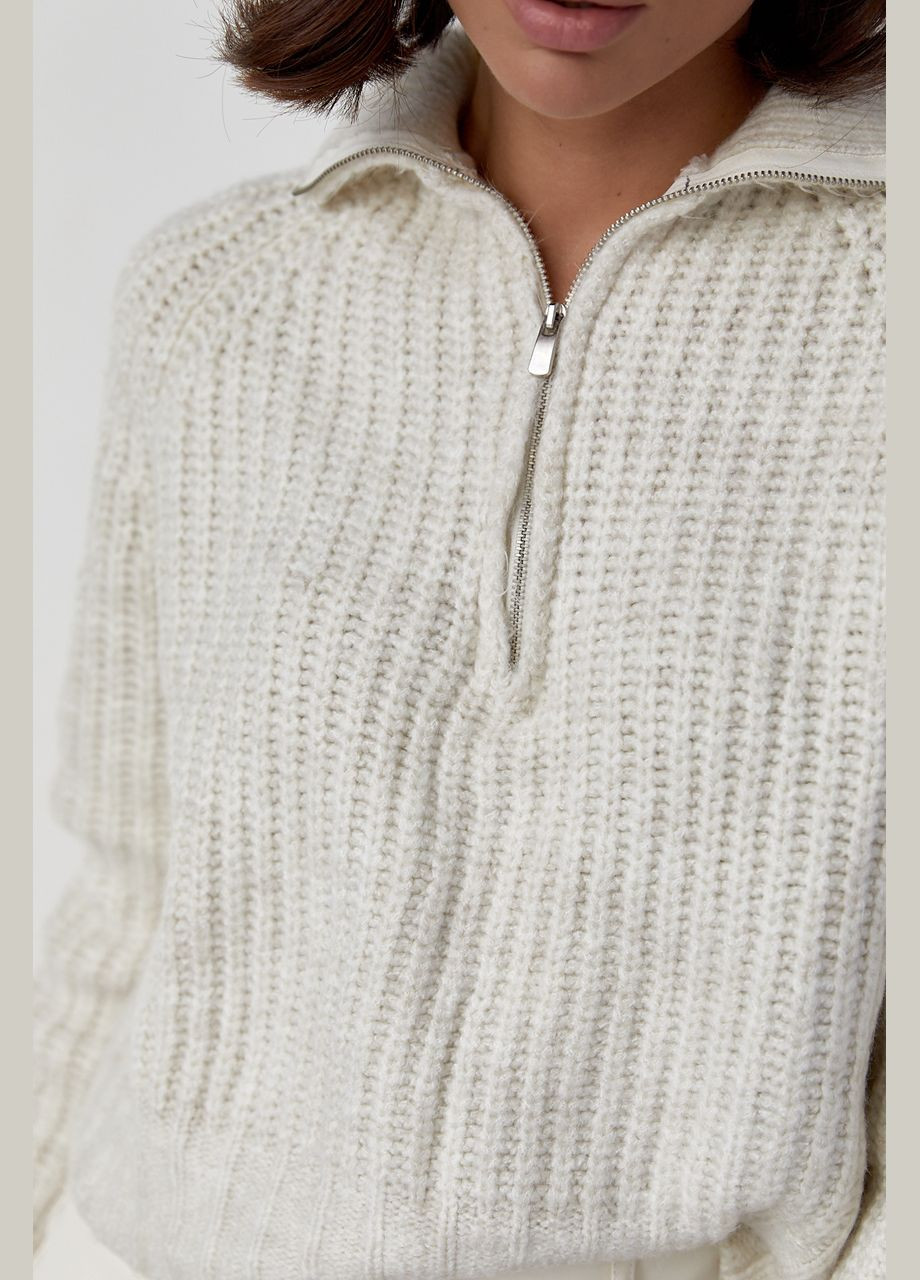 Молочный зимний женский вязаный свитер oversize с воротником на молнии 03901 Lurex