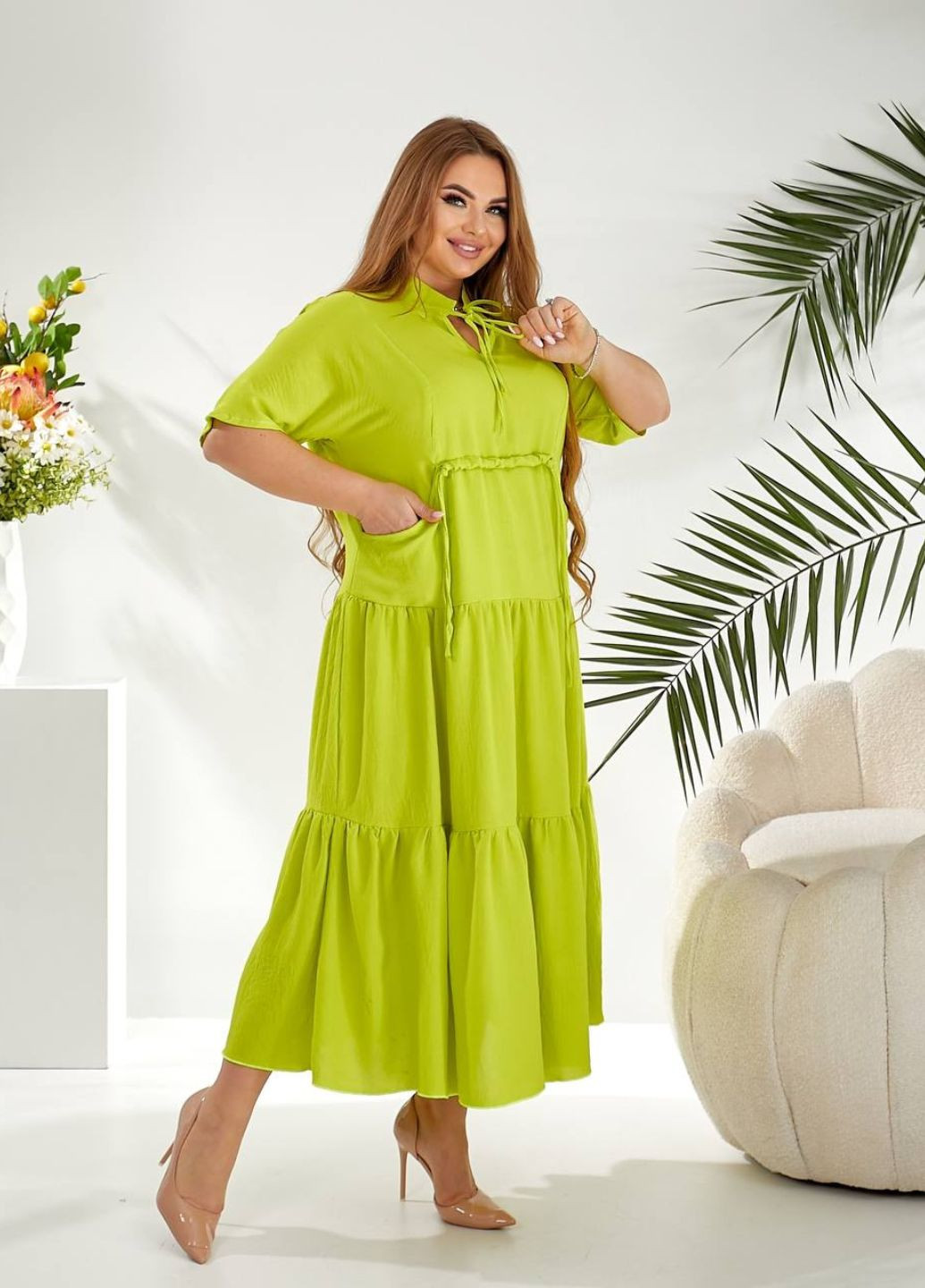 Лайм повсякденний жіноча сукня з льону з рукавами суцільнокроєними та спідницею напівсонце з спідницею-сонце Tik-Tak однотонна