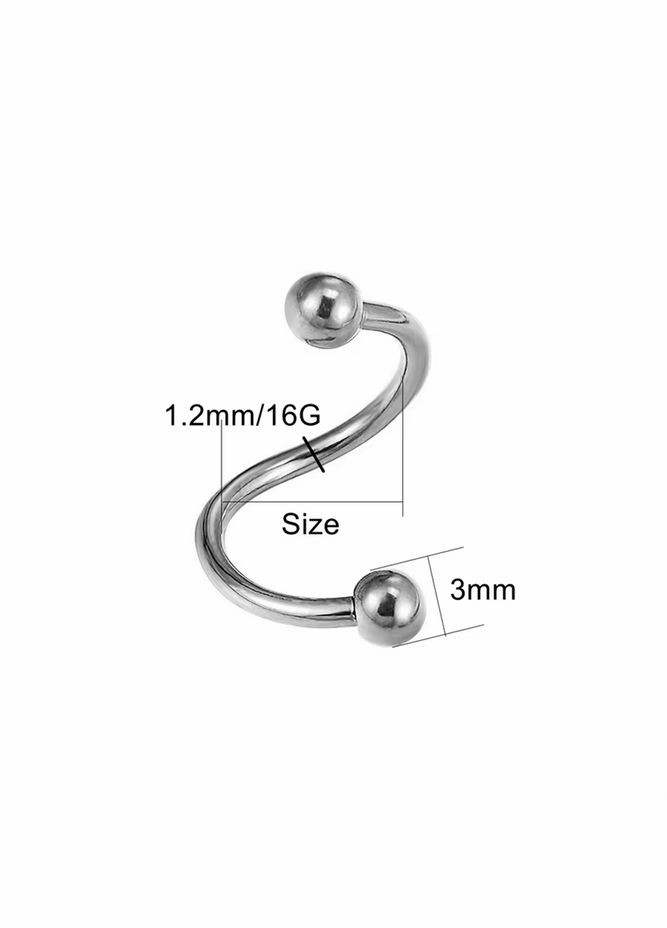 Сережка для пірсингу Твістер спіраль з кульками з хірургічної сталі 316L для брів губ вуха Сталистий 8 мм x 1.2 мм х 3 мм Finding (324250391)