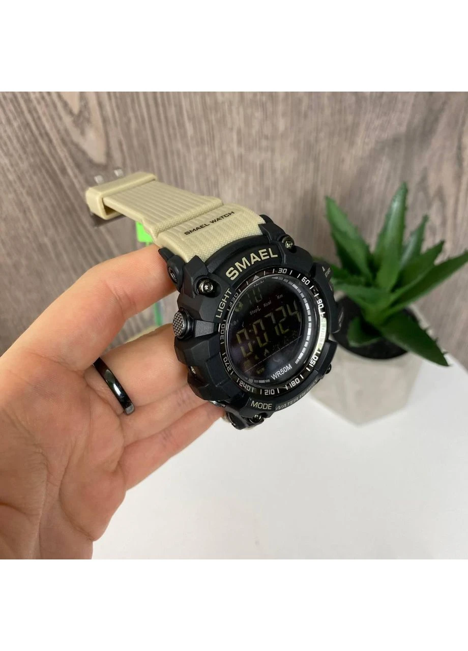Спортивний чоловічий годинник SMAEL 1617 з Bluetooth, крокоміром, водостійкий, чорний з бежевим ремінцем (sku_396) No Brand (350906468)