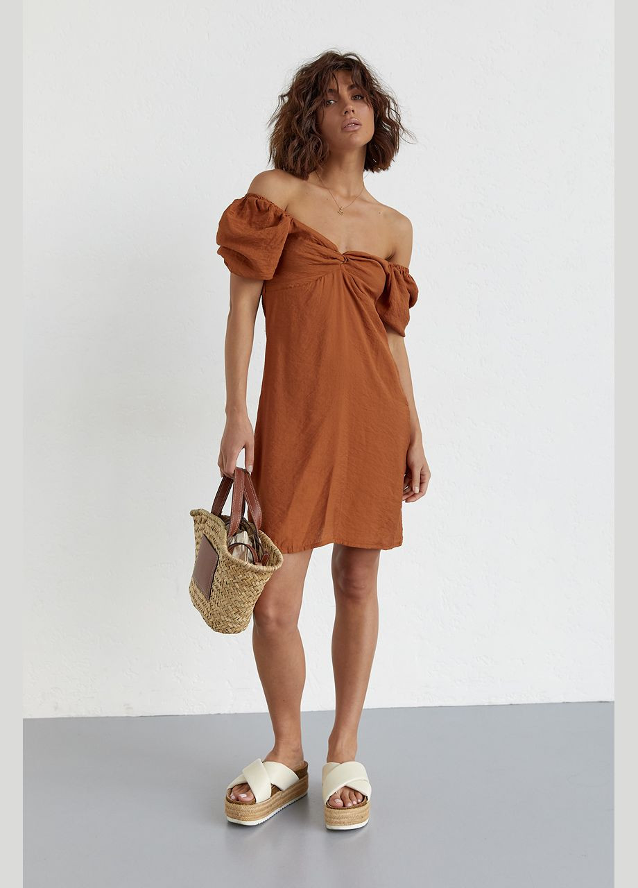 Світло-коричнева повсякденний сукня міні з рукавами-ліхтариками 5561 Lurex однотонна