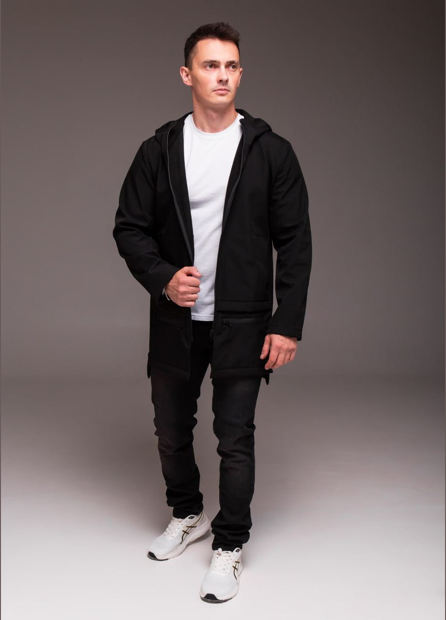 Черная демисезонная удлиненная куртка softshell на флисе Vakko