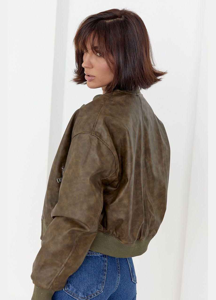 Оливковая (хаки) демисезонная женская куртка-бомбер в винтажном стиле 00006 Lurex