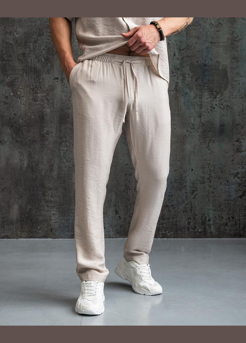 Бежевий літній літні повсякденні чоловічі костюми для відпочинку, якісний лляний сучасний однотонний беживий з сорочкою, брючний Intruder